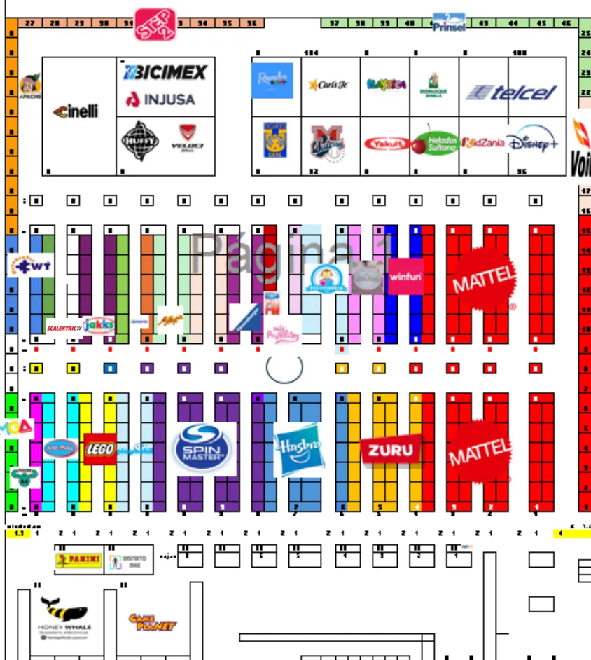 Plano del área de exposición con stands de Mattel, Hasbro, Spin Master, LEGO, ZURU, Cinelli, Telcel, Carl's Jr. y otras marcas