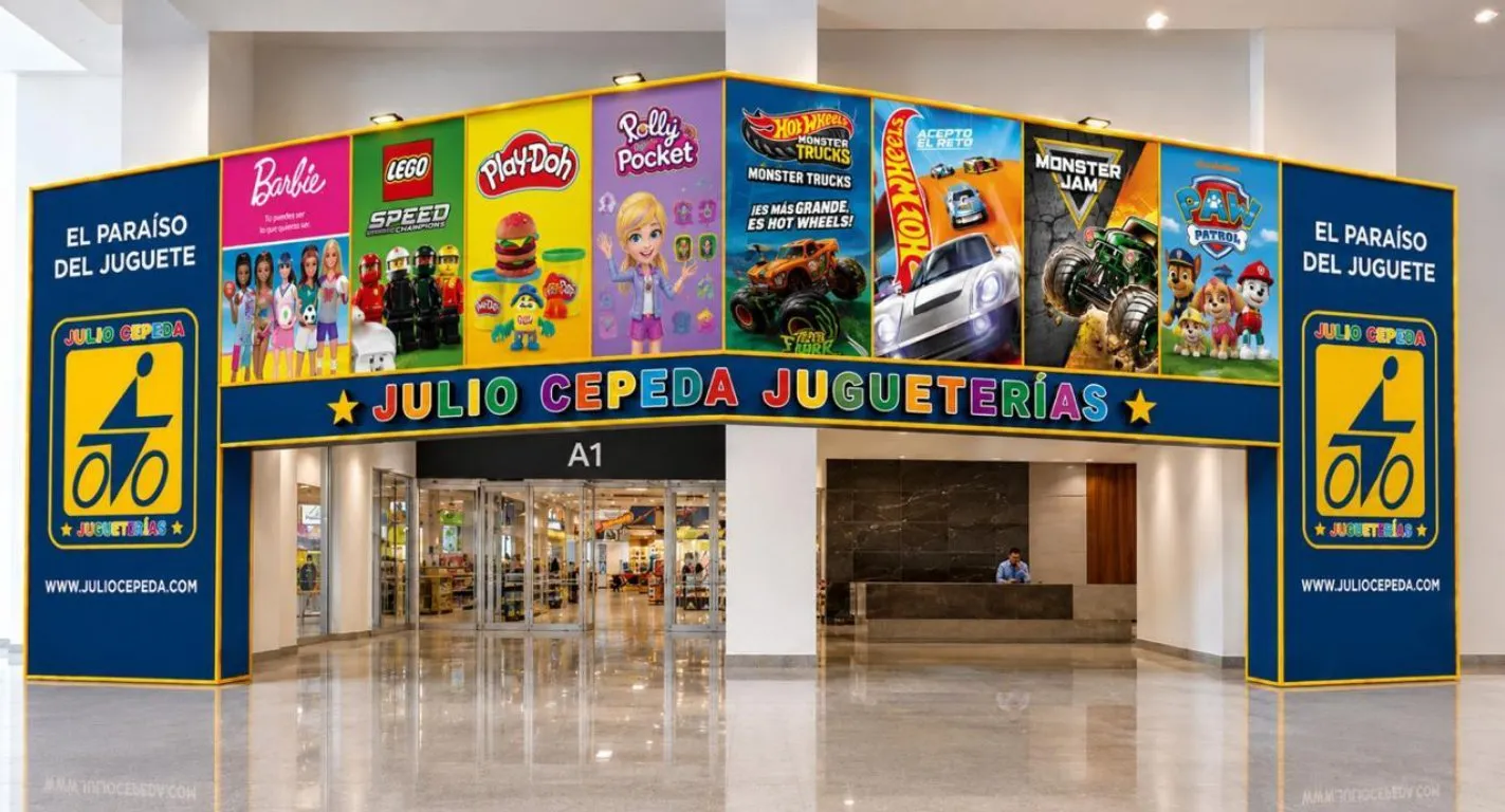 Render del arco de entrada a la Sala A1 con lonas de Barbie, LEGO, Play-Doh, Hot Wheels y Paw Patrol
