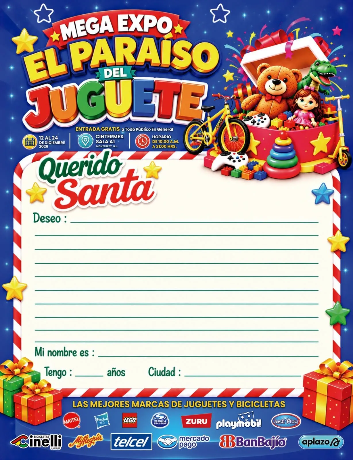 Carta «Querido Santa» de la Mega Expo con líneas para escribir el deseo, nombre, edad y ciudad